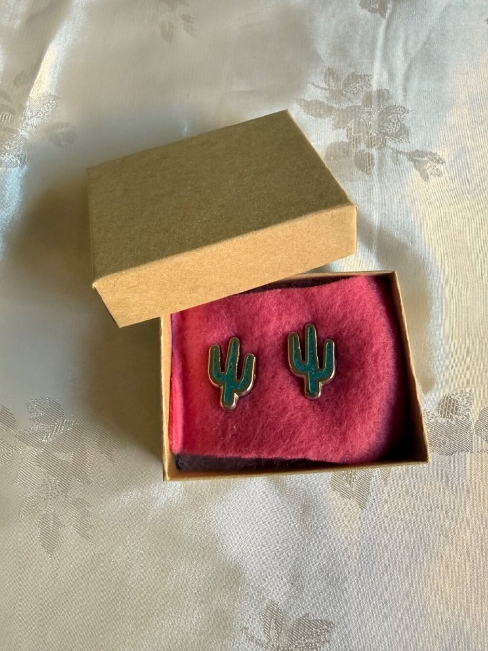 Cactus Shaped Turquoise Stud Earrings With Box - Southwest Style